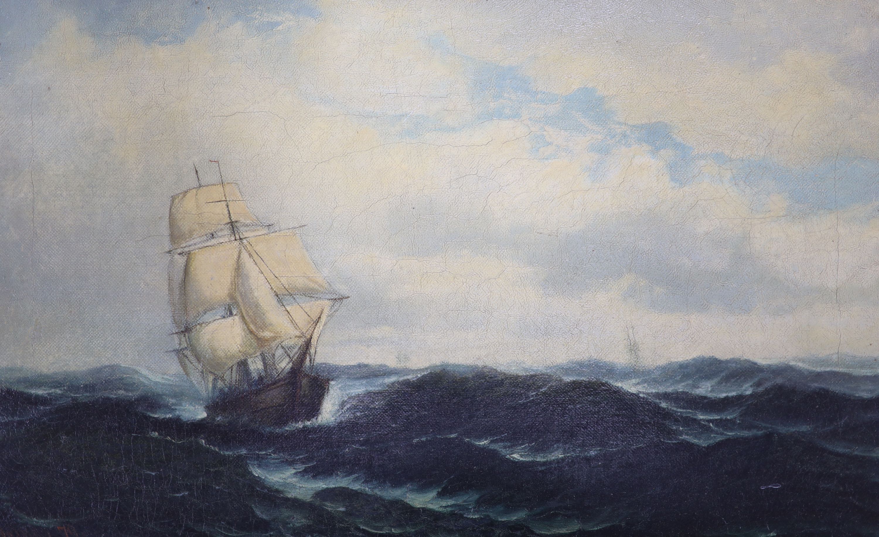 D. James, oil on canvas, Sailing ship at sea, signed and dated '79, 30 x 51cm